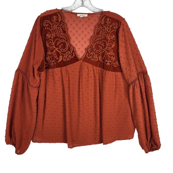 Maurices Boho Top Women's Large Burnt Orange Velvet Embroidered Balloon Sleeve - Picture 2 of 9